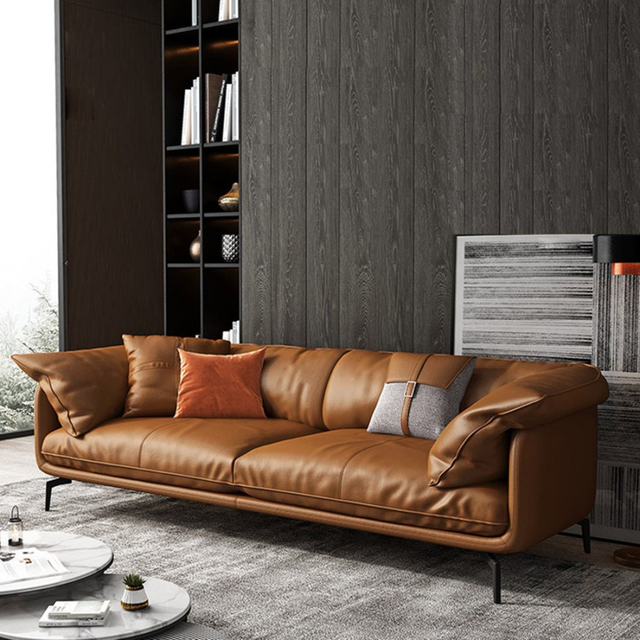 Italian Minimalist Cowhide Genuine Leather Orange Down Cushion Living Room  Sofa