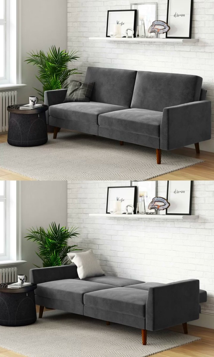 Minimalist Grey Sofa Bed Medium Gray Upholstery Wood Legs Couch