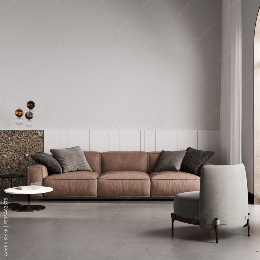 Modern minimalist living room interior mock up with brown sofa and